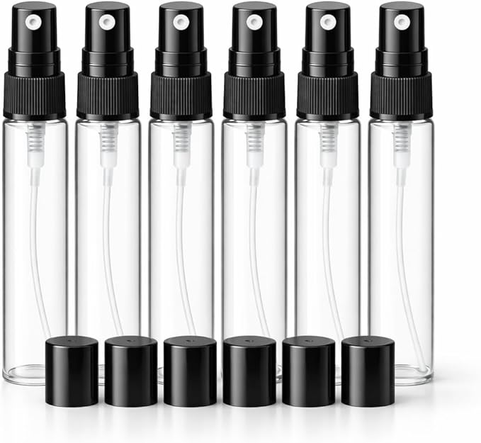 6 Pieces 10ml Glass Spray Bottle – Premium Black Plastic Cap – Empty Bottles for Multiple Uses